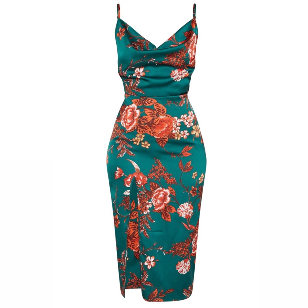 Emerald Green Floral Strappy Satin Cowl Midi Dress